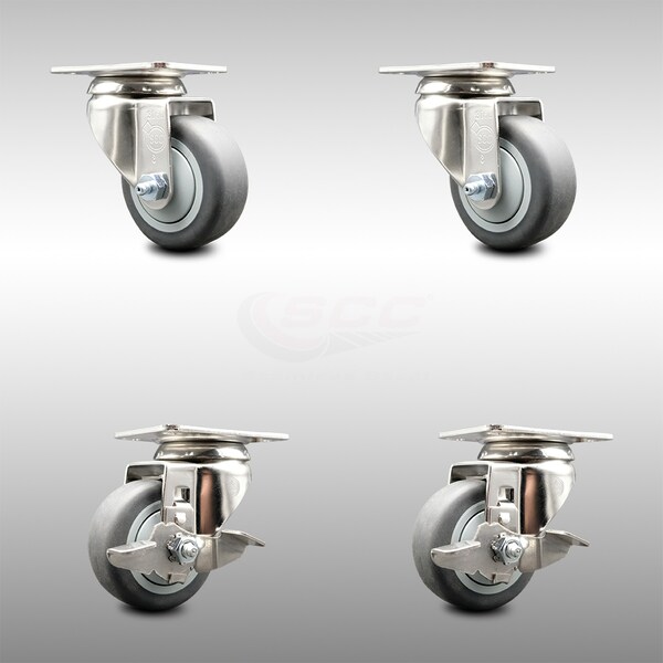 Service Caster 3 Inch 316SS Thermoplastic Rubber Wheel Swivel Top Plate Caster Brakes SCC, 2PK SCC-SS31620S314-TPRB-2-TLB-2 - main